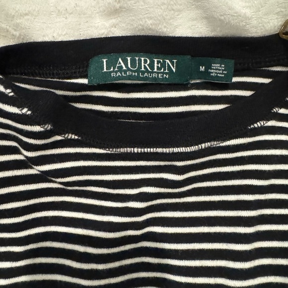 Lauren Ralph Lauren Black White Striped Shoulder Zip Elbow brown Patch Shirt - Picture 6 of 12